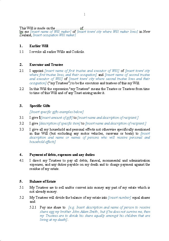 Printable Free Will Template Nz Printable Templates